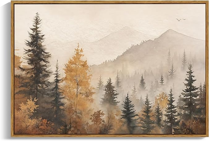 OIQArtOIQ Vintage Framed Wall Art Autumn Mountain Landscape Canvas Art Prints Fall Forest Rustic Farmhouse Pictures Wall Decor Modern Cottagecore Paintings Artwork For Bedroom Bathroom Living Room