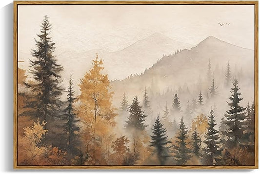 OIQArtOIQ Vintage Framed Wall Art Autumn Mountain Landscape Canvas Art Prints Fall Forest Rustic Farmhouse Pictures Wall Decor Modern Cottagecore Paintings Artwork For Bedroom Bathroom Living Room