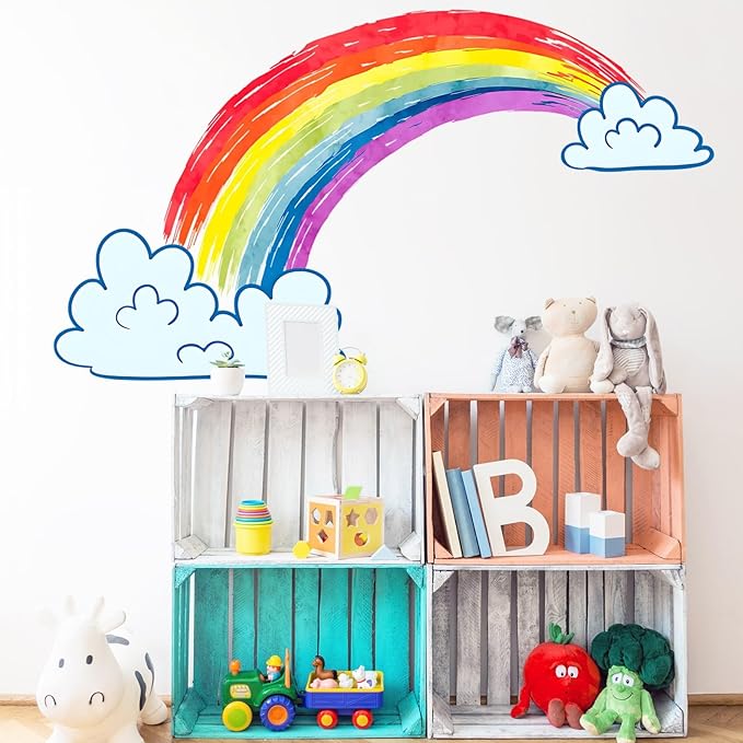 Rainbow Wall Decals Watercolor Rainbow Decor for Kids Room, Cute Watercolor Rainbow Wall Stickers Cloud Wall Decor Murals Decorations for Classroom Girls Room Nursery