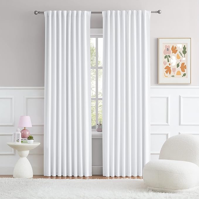 Pure White Curtains 96 Inches Long, White Privacy Curtains Back Tab/Rod Pocket Bedroom Draperies, Thermal Insulated Window Treatment Panels 52 x 96 Inch, 2 Panels