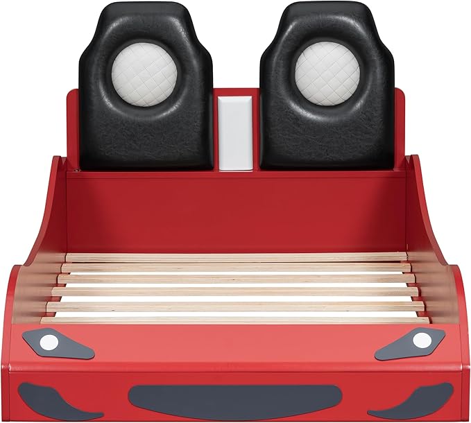 Merax Twin Size Race Car Bed with LED and Upholstered Backrest Headboard, PU Car-Shaped Platform Bedframe with Wheels and Guardrails, Wood Slat Support, No Box Spring Needed