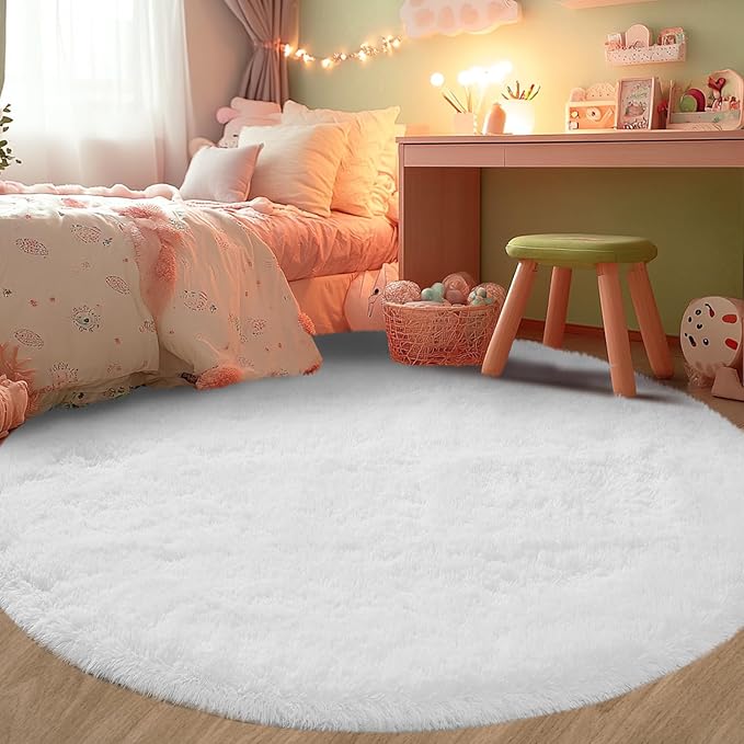 Round Area Rug for Living Room: White Shag Rugs for Bedroom- 7x7 Feet Fluffy Round Rugs for Living Room- Shag White Rugs Soft Plush Indoor Carpets for Bedroom, Nursery, 7ft