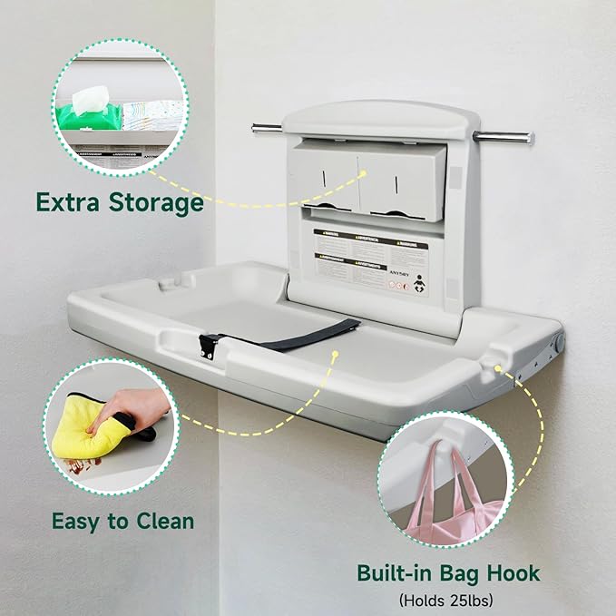 Durable Wall-Mounted Baby Changing Station, Heavy-Duty Design with Safety Straps, Fold-Up Space Saver, in Elegant Grayish White
