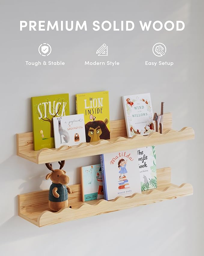 Kids' Bookshelf Set of 4 - Wood Floating Nursery Book Shelves, Picture Ledge Shelf for Wall Decor and Storage - Perfect for Books, Toys, Photo Frames, and Nursery Décor