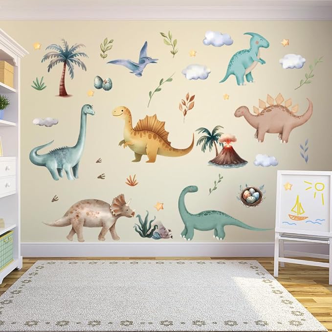 Cute Dinosaur Wall Sticker Peel and Stick Dino Wall Decal Palm Tree Volcano Wall Art Decor Green Plant Wall Sticker for Bedroom Nursery