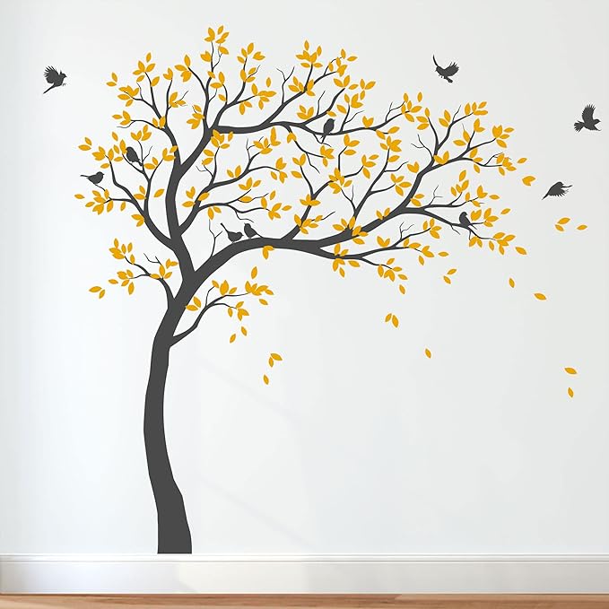 Large Tree Wall Decals Nursery Leaning Tree Stickers with Birds Wall Art Mural Vinyl Decor KW032 (Leaning Right, Dark Grey; Signal Yellow)