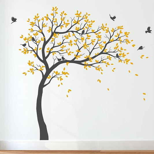 Large Tree Wall Decals Nursery Leaning Tree Stickers with Birds Wall Art Mural Vinyl Decor KW032 (Leaning Right, Dark Grey; Signal Yellow)