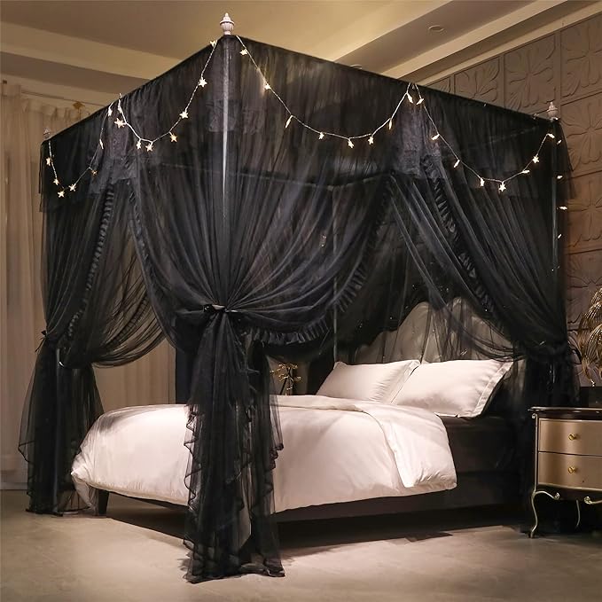 VETHIN 4 Corners Post Ruffle Princess Bed Canopy Curtain-Double Layer Cozy Drape Netting 4 Opening Mosquito Net for Girls Adults Bedroom Decoration (Double-Black,64" W*82" L*82"*H/Queen)