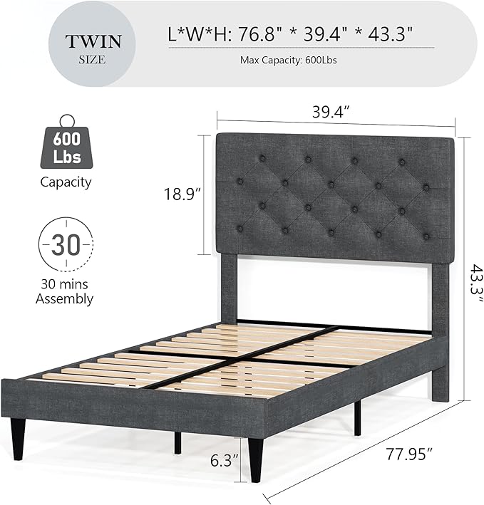 BarnFurin Twin Bed Frame, Upholstered Platform Bed with Button Tufted Headboard, Fabric Bed Frame with Wooden Slats Support, No Box Spring Required, Easy Assembly, Light Grey