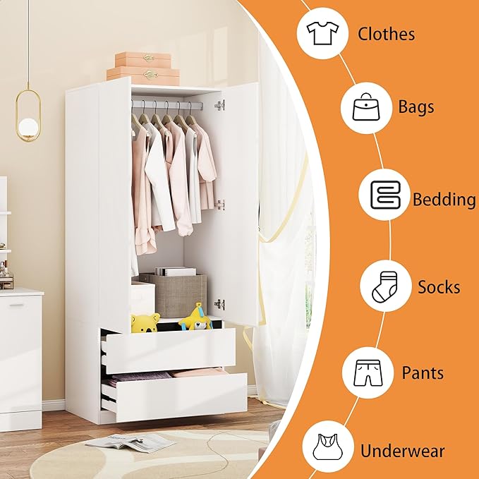 Armoire Wardrobe Closet with Drawers：75" Large White Wardrobe Closet Cabinet with 6 Doors for Hanging Clothes, Modern Wooden Bedroom Armoires with 6 Drawers and Storage (A+A+A, 94.5")