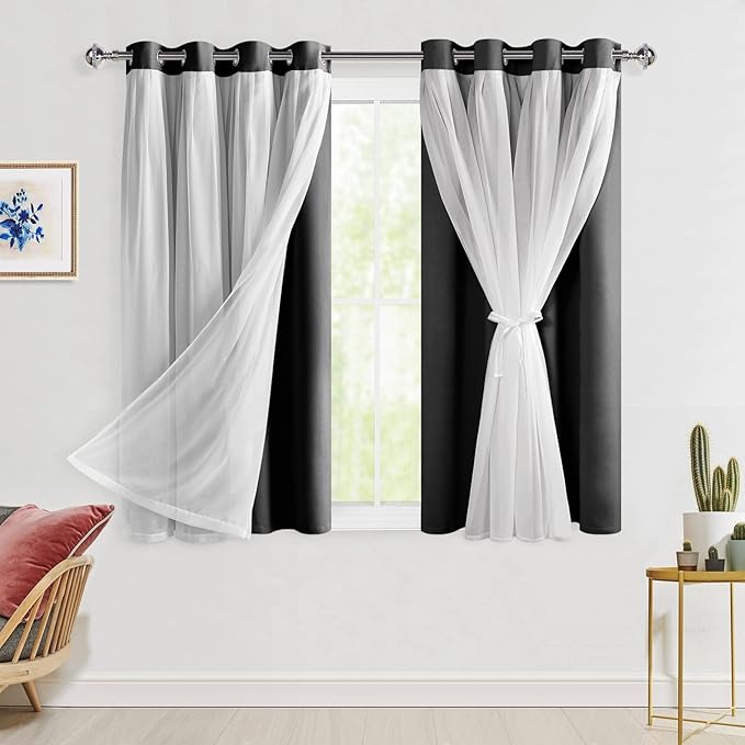 Hiasan Black Blackout Curtains with Sheer Overlay, Grommet Thermal Insulated Privacy Mix and Match Double Layer Window Curtains for Girls Bedroom, Living Room, 2 Drape Panels with Tiebacks, 52W X 54L