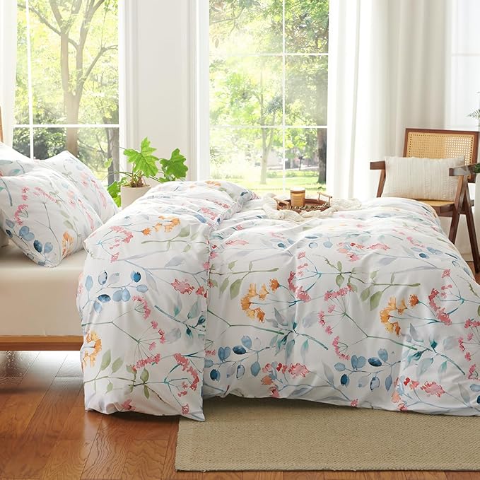 Floral Duvet Cover King 3 Pieces Watercolor Flower Pattern Bedding Set for Girls Colorful Flower Aesthetic Bedding Soft Microfiber Farmhosue Comforter Cover with 2 Pillowcases