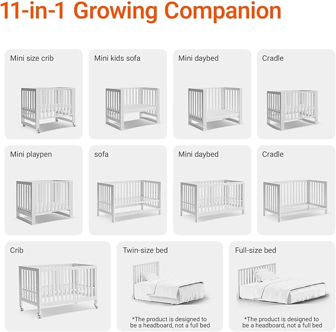 MAMAZING EvoNest Baby Crib, 11 in 1 Convertible Mini Crib with Wheels, 100% New Zealand Wood Growing Bed, 4 Adjustable Mattress Height, White