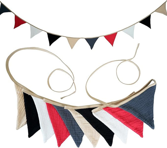 Fabric Bunting Banner, 2 Pack Handmade Neutral String Banner Each 8.5 ft 10 Flags Nursery Wall Hanging Wedding Birthday Home Baby Shower Party Decoration Bunting (Red Black)