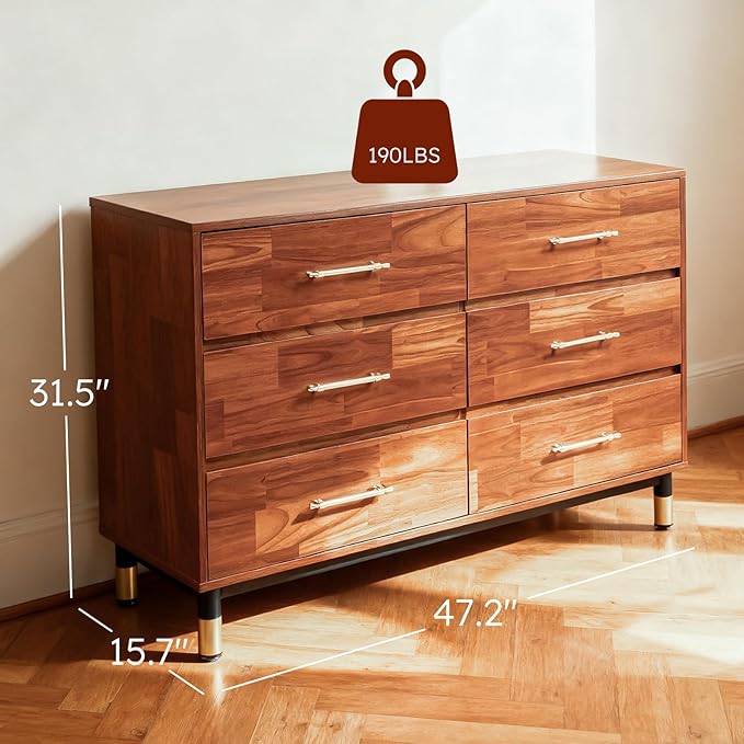 Walnut Dresser for Bedroom, 6 Drawer Brown Wood Dresser with Modern Storage Organizer, Wide Chest of Drawers for Closet, Clothes, Living Room