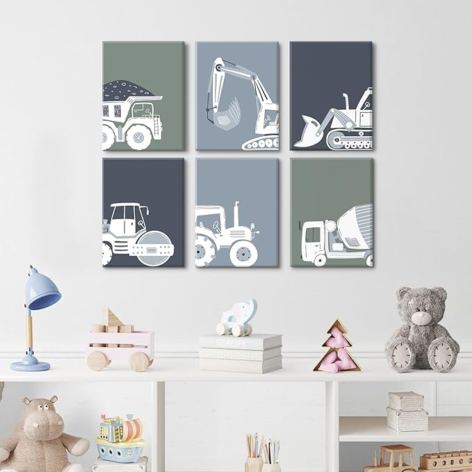 Construction Truck Wall Art Nursery Canvas Wall Decor Boys Room Wall Art Kids Car Posters Toddler Prints Nursery Artwork Excavator Tractor Pictures for Playroom Bedroom 12x16x6 Inch Framed