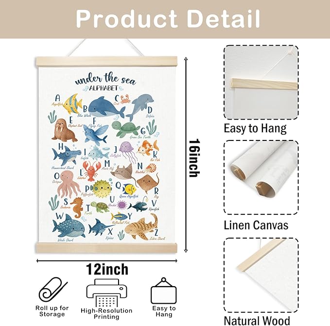 Voxitura Sea Animals Alphabet Poster Hanger Frame, Nursery Ocean Wall Decor Art Canvas for Playroom Kids Toddler Room Classroom, Cute Watercolor ABC Prints for Wall Hanging Decor Banner 12x16in
