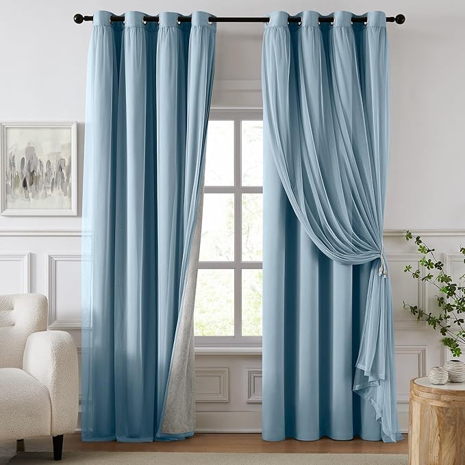 100% Blackout Curtains for Bedroom, Double Layer Blue Curtains, Black Out Curtain 84 inch Long with Sheer Overlay for Living Room, Room Darkening Window Drapes with Grommet, 52" W x 84" L