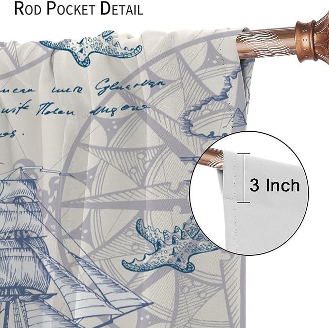 Nautical Sailboat Map Curtain,Ship Compass Lighthouse Anchor Decorative Curtain Polyester Fabric Waterproof Bedroom Curtain Set 2 Panels,72x63 Inches