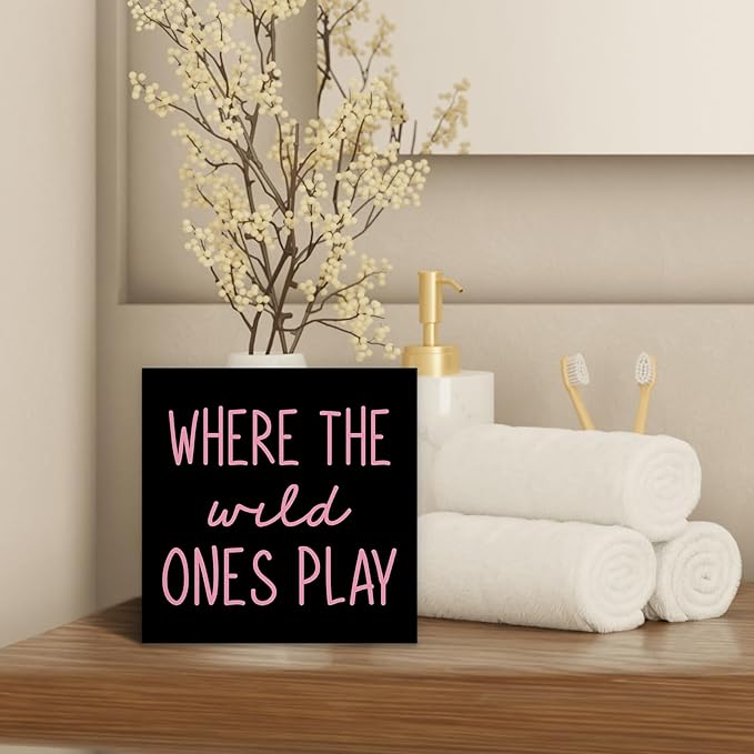 Where The Wild Ones Play Black Pink Wood Box Sign Desk Decor 5X5, Nursery Kids Room Wooden Block Sign Decorations for Playroom Toddler Room Wall Tabletop Shelf Decor
