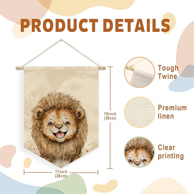 Safari Nursery Decor, Baby Lion Cute Wall Art,Kids room Canvas Banner, Woodland Nursery Decor, Watercolor Animal Lion for Living Room Bedroom Kids Room, Hanging Pennant Flag Banner 15x11in