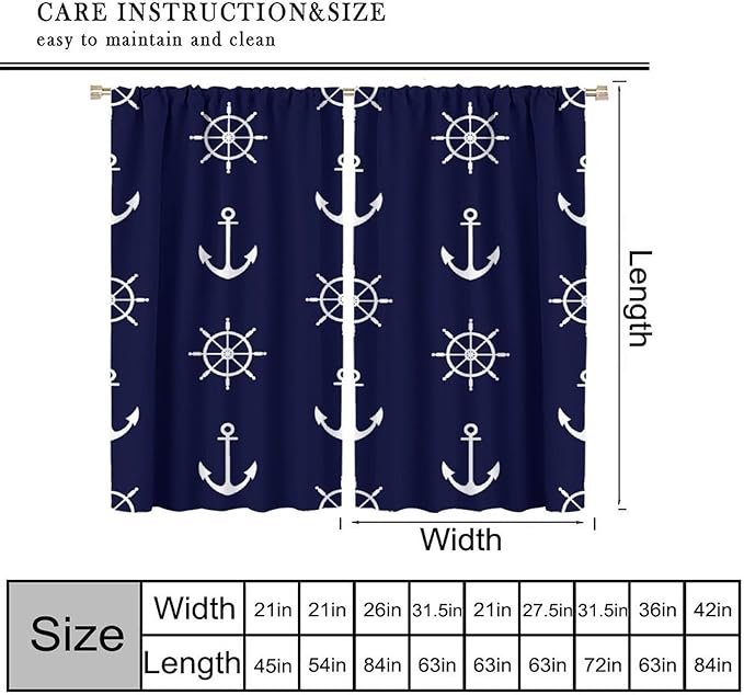 Nautical Rudder Curtains,MarineThemed Oceanic Anchor Pattern Blackout Print Home Bedroom Living Room Window Treatments 2 Panel Set 42x54 Inch