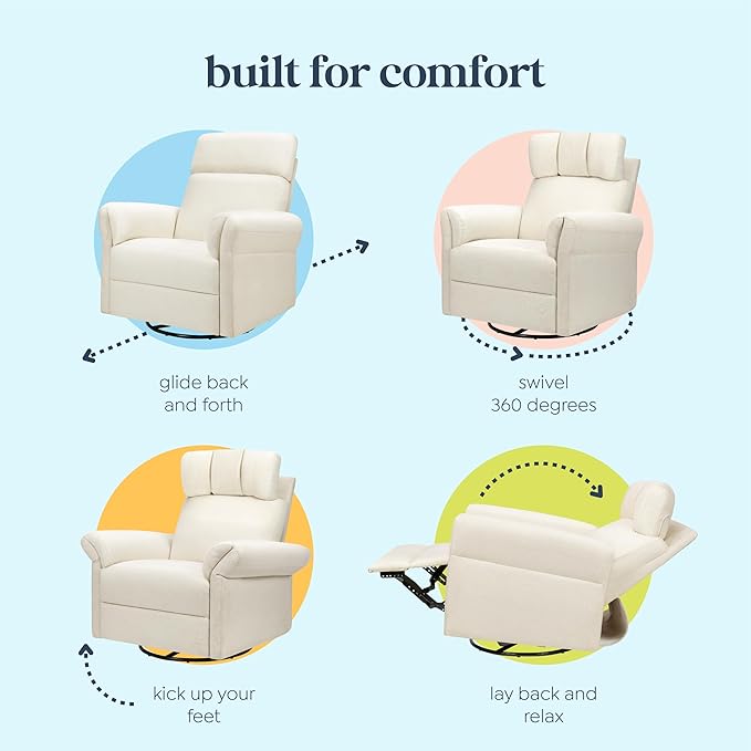 Davinci Suzy Flex Nursery Recliner and Swivel Glider with Adjustable Headrest and Armrests, High Pillowback in Vanilla | GREENGUARD Gold, FSC, CertiPUR-US® Certified