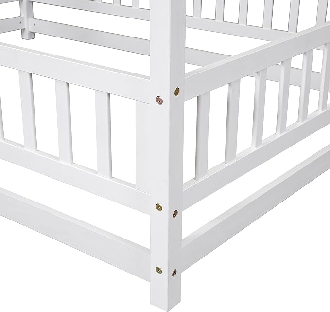 Bellemave Full Size House Floor Bed,Wooden Montessori Bed with Fence and Roof for Kids,Playhouse Full Bed Frame for Girls,Boys(Full,White)