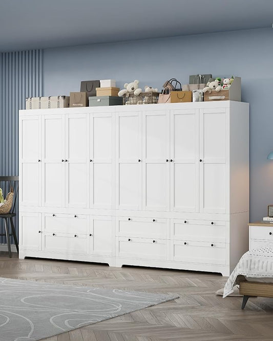 White Large Wardrobe Closet, 8 Door 71" Tall White Wooden Freestanding Storage Armoire – Oversize Capacity Modular Cabinet with Drawers, Space-Saving Durable Design for Bedroom & Closet Organization