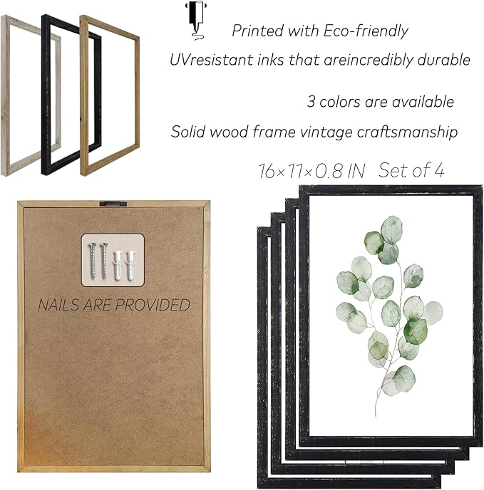 Botanical Wall Decor Sign 16x11 Inch Set of 4 Sage Green Plants Wood Framed For Bathroom Modren Bedroom Aesthetic Watercolor Laundry Room Art Wall Hanging (Black)