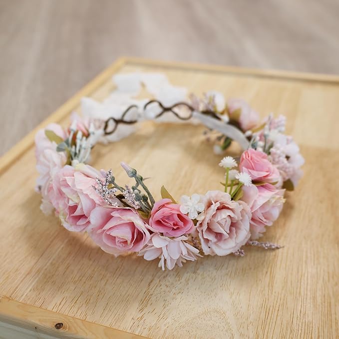 Birthday Party Flower Crown for Girls Children Floral Headpiece Pink Kids Headband Wedding Holo Hair Accessories Photo Prop (Candy Pink)