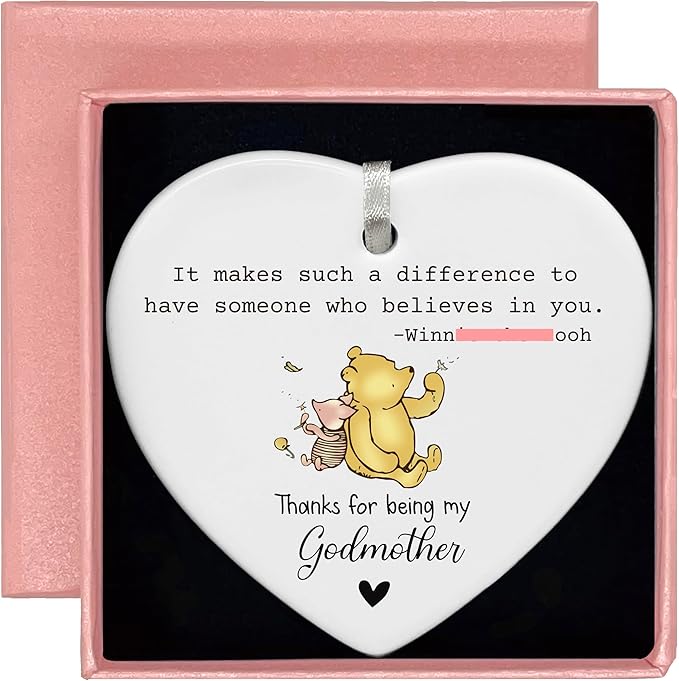 Heart Shaped Christmas Ornament-Godmother Proposal Gift-First Time Godmother Christening Baptism Keepsake-Appreciation Thank You Ceramic Decor with Gift Box