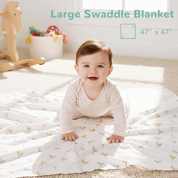 HECCEI Muslin Swaddle Blanket - Baby Muslin Blanket Large Swaddles 47 x 47 inches Breathable & Soft Baby Receiving Blanket Gender Neutral for Newborn Boys Girls, Little Sprouts
