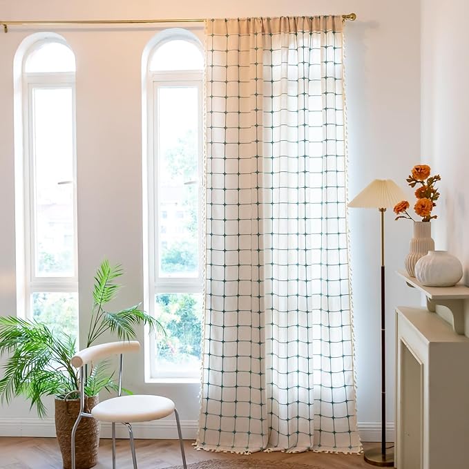 Deeprove Boho Curtains 63 Inches Length for Kitchen Cafe, Cotton Linen Plaids Beige Turquoise Teal Embroidery Semi Blackout Bohemian Farmhouse Window Treatment Grids Drape Tassels, 1 Panel W52 x L63