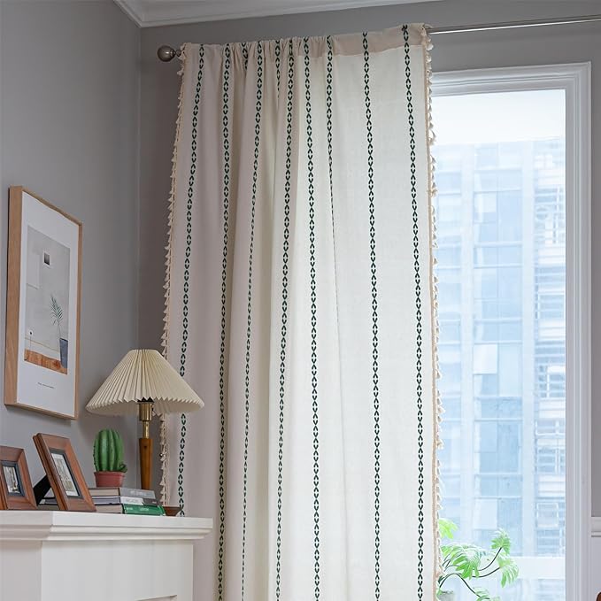 Deeprove Emerald Green Boho Curtains 84 inches Long for Bedroom, Vintage Bohemian Embroidery Farmhouse Cotton Striped Linen Country Tassel Window Treatments Christmas Decor, W52 x L84, 1 Panel