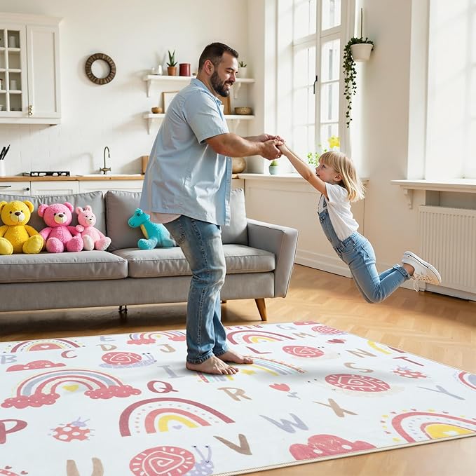 LIVEBOX Rainbow Kids Rug-3x5 Playroom Nursery ABC Educational Carpet,Washable Non Slip Soft Low Pile Area Rug for Bedroom,Preschool Classroom (Pink)