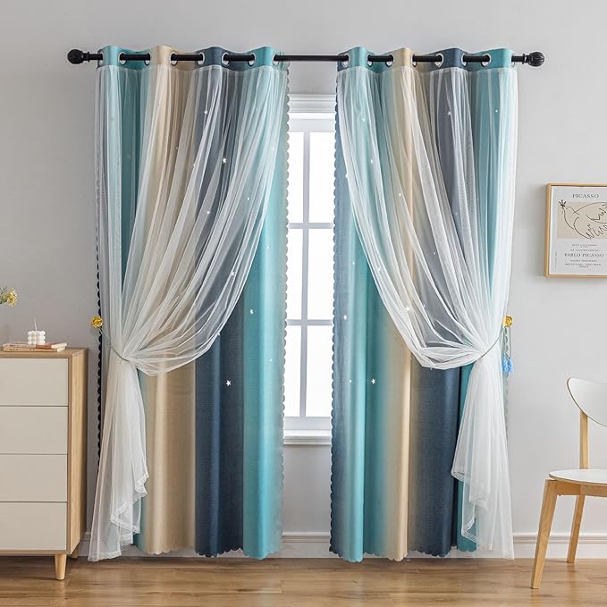 Star Girl and Kids Curtains for Bedroom Rainbow Ombre Double Layer Cute Shot Nursery Darkening Grommet Princess Room Décor 2 Panels Living Room Window Curtain (Blue Yellow52W x 84L