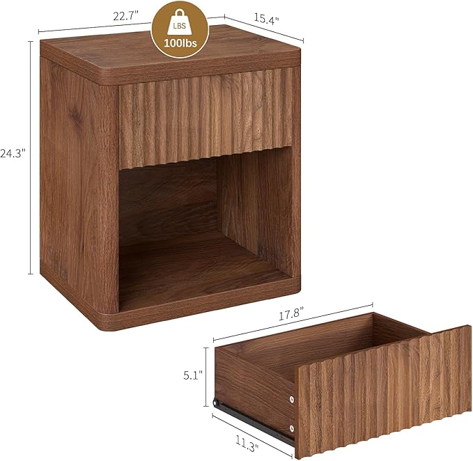Night Stand Fluted Nightstand with Drawers, Wood Bedside Table with Storage Shelf, Bed Side Table for Bedroom, End Tables Living Room, Mid Century Nightstands Night Stands, Sofa Side Tables
