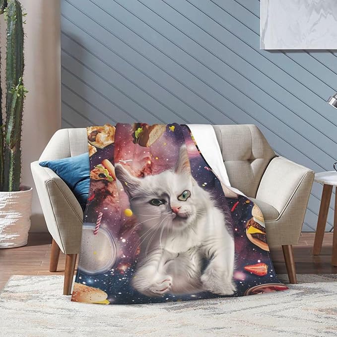 Cat Blanket Space Galaxy Throw Blanket Pizza Burger Flannel Stuff Animals Merch Cozy Decor Fleece Plush Fuzzy Warm Soft Lightweight Bedding Cats Lover Gifts for Men Women Girl Boy Couch 60"X50"