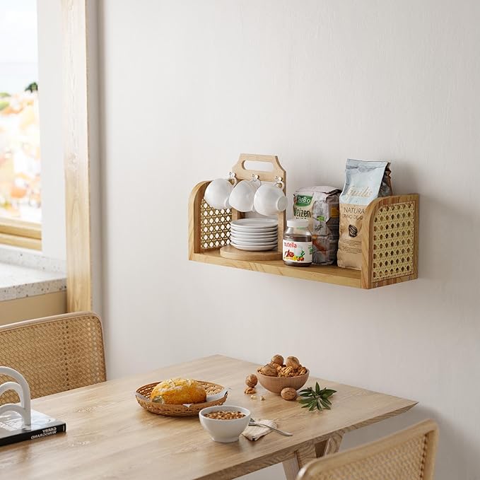 Rattan Wall Shelf, Hanging Book Shelves for Wall, Decorative Shelves for Natural Nursery Decor, Picture Ledge Shelves, Floating Rattan Shelf for Office, Bedroom, Bathroom