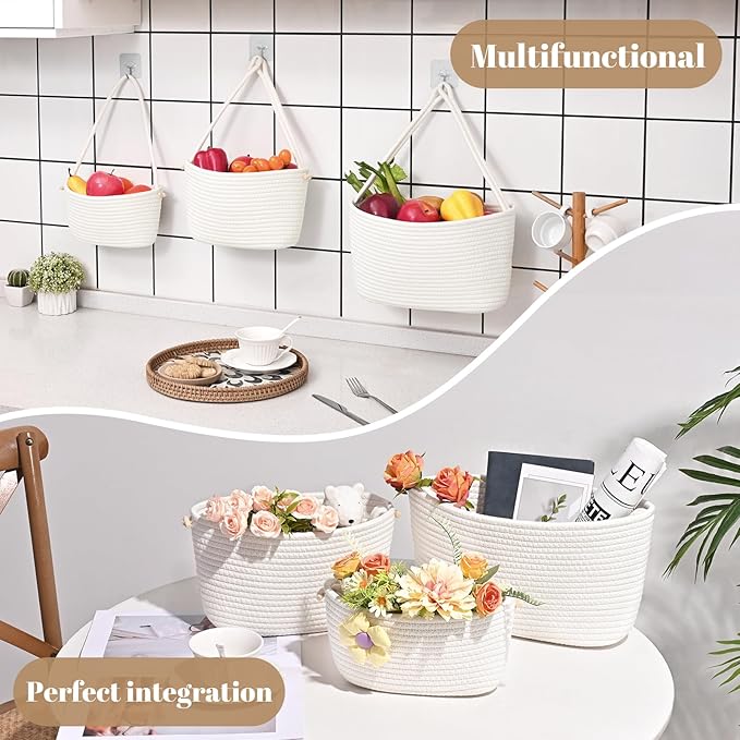 Hanging Storage Baskets, 3-Tier Over the Door Basket, Cotton Wall Baskets Storage, Detachable Hanging Door Basket with 4 Hooks, Over the Door Organizer Nursery for Bedroom, Living Room, Bathroom Wall