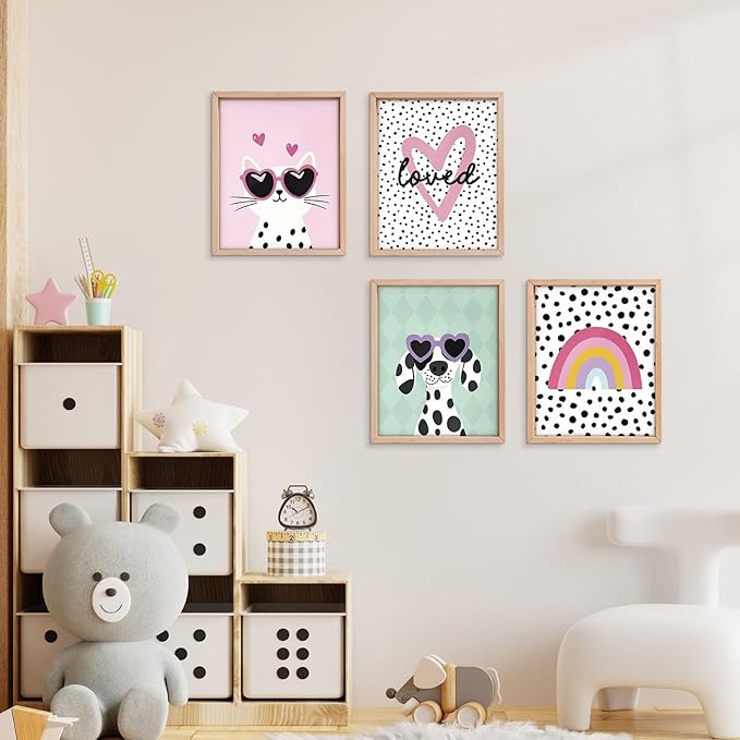VONTP Pastel Rainbow Classroom Dog Cat Wall Art Decor, Dalmatian Cat Classroom Prints Poster Wall Decorations for Kids Girl Nursery Toddler Room Bedroom Playroom, 8x10 Inch Set of 4 (Unframed)