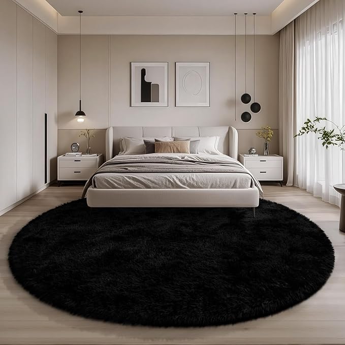 EVOIONOS Black Round Rug for Living Room, 7x7 Ft Fluffy Soft Circle Area Rugs for Bedroom, Plush Shaggy Circular Carpet for Indoor Floor Bedside Kids Nursery, Machine-Washable Home Decor Aesthetic