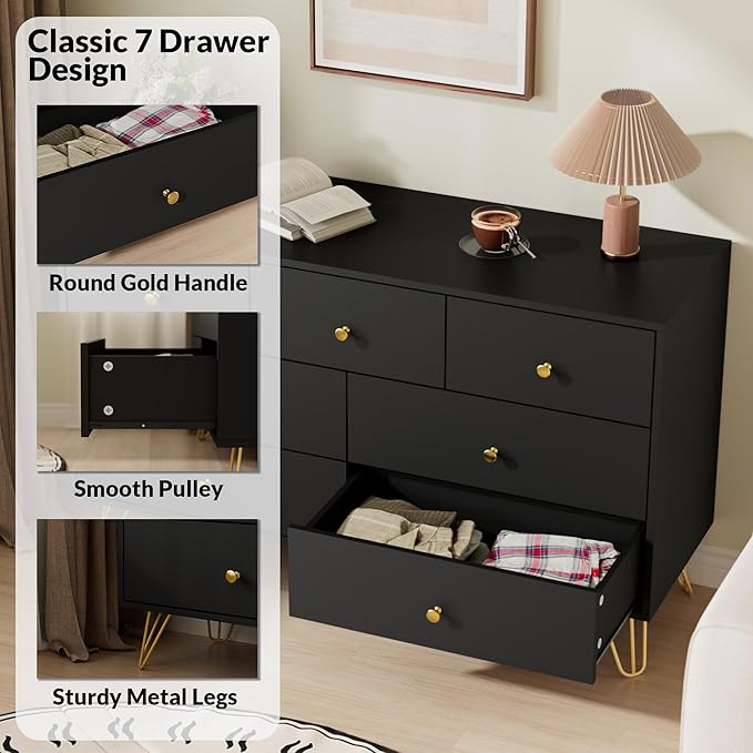 Black Dresser for Bedroom, Modern 7 Drawer Dresser with Gold Handles and Metal Legs, Black and Gold Dressers & Chest of Drawers for Hallway, Entryway