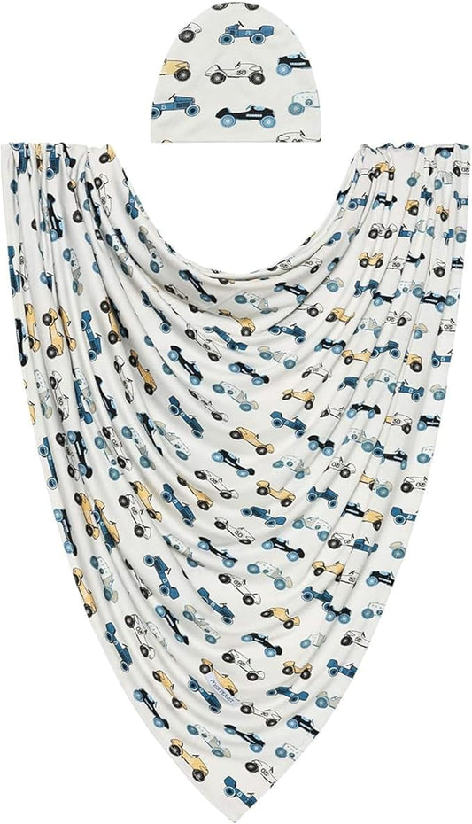 Posh Peanut Unisex Baby Swaddle Blanket - Large Premium Knit Viscose from Bamboo - Infant Swaddle Wrap, Receiving Blanket and Beanie Set, Baby Shower Newborn Gift, Registry - Enzo