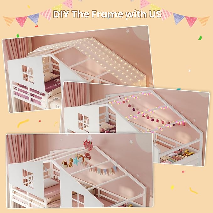 BTHFST Triple Bunk Bed Twin Size with House, 4 Storage Drawers, Charging Station and LED Lights, Metal Kids Bunk Bed with 13.4" H Safety Guardrail and Play Curtain, DIY House Shaped Bed, White