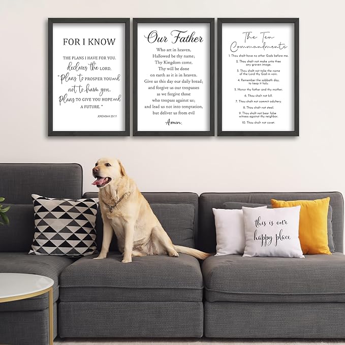 Surfapans Bible Verse Scripture Wall Decor Art 16"×11" Christian Sign Set of 3 Inspirational Quotes Scripture Wood Framed Wall Hanging (Black)