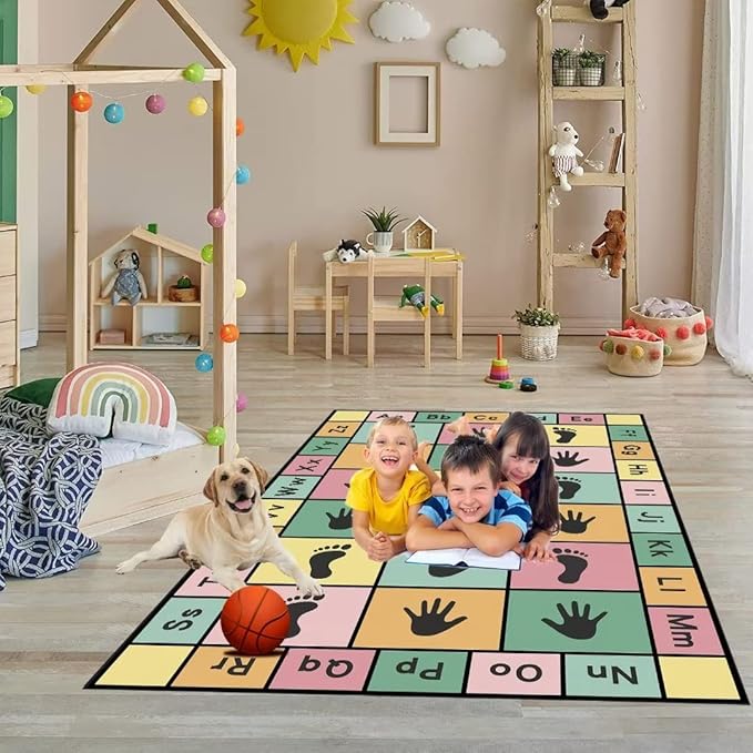 Hopscotch Play Rugs Kids, ABC Alphabet Education Carpet, Playroom Bedroom Living Room Decor Learning mat (Pink,31x47 in)