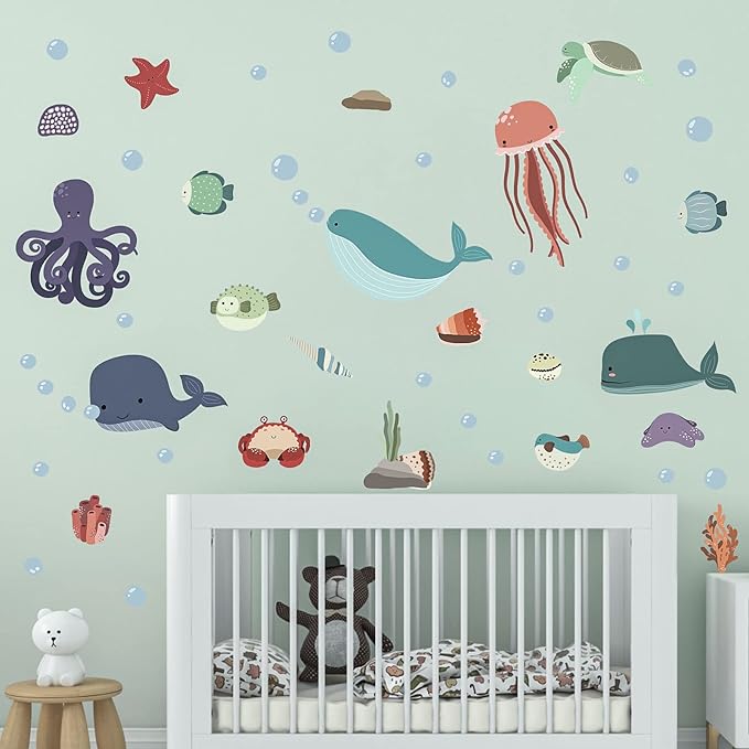 Sea Life Wall Decals Removable Vinyl Ocean Decor Stickers for Boys Girls Bedroom Bathroom Baby Room Nursery Classroom Decoration