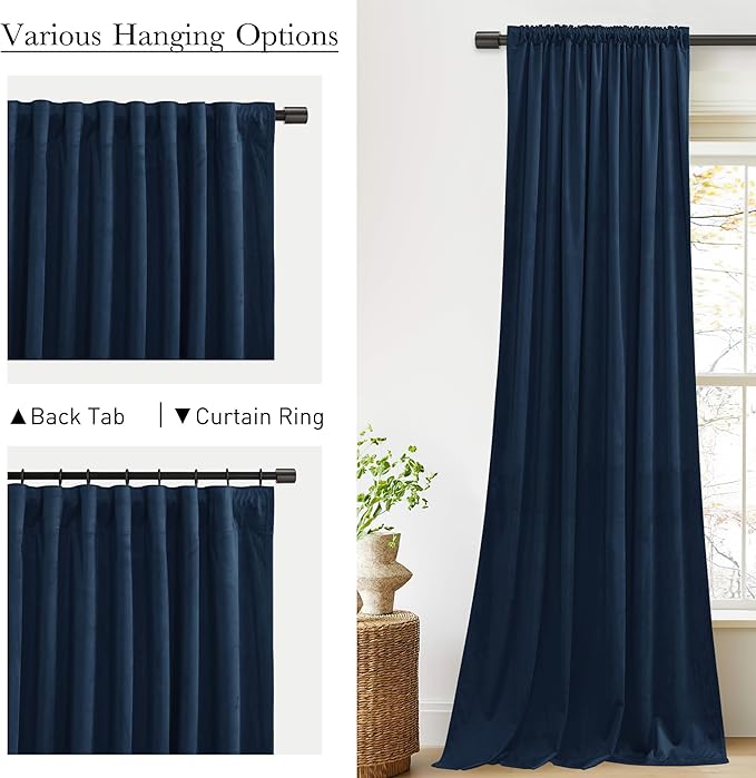 StangH Extra Long Blue Velvet Curtains - Thermal Insulated Curtains for High Ceiling Home Decor Blackout Window Panels for Bedroom, Navy Blue, W52 x L120, 2 Panels